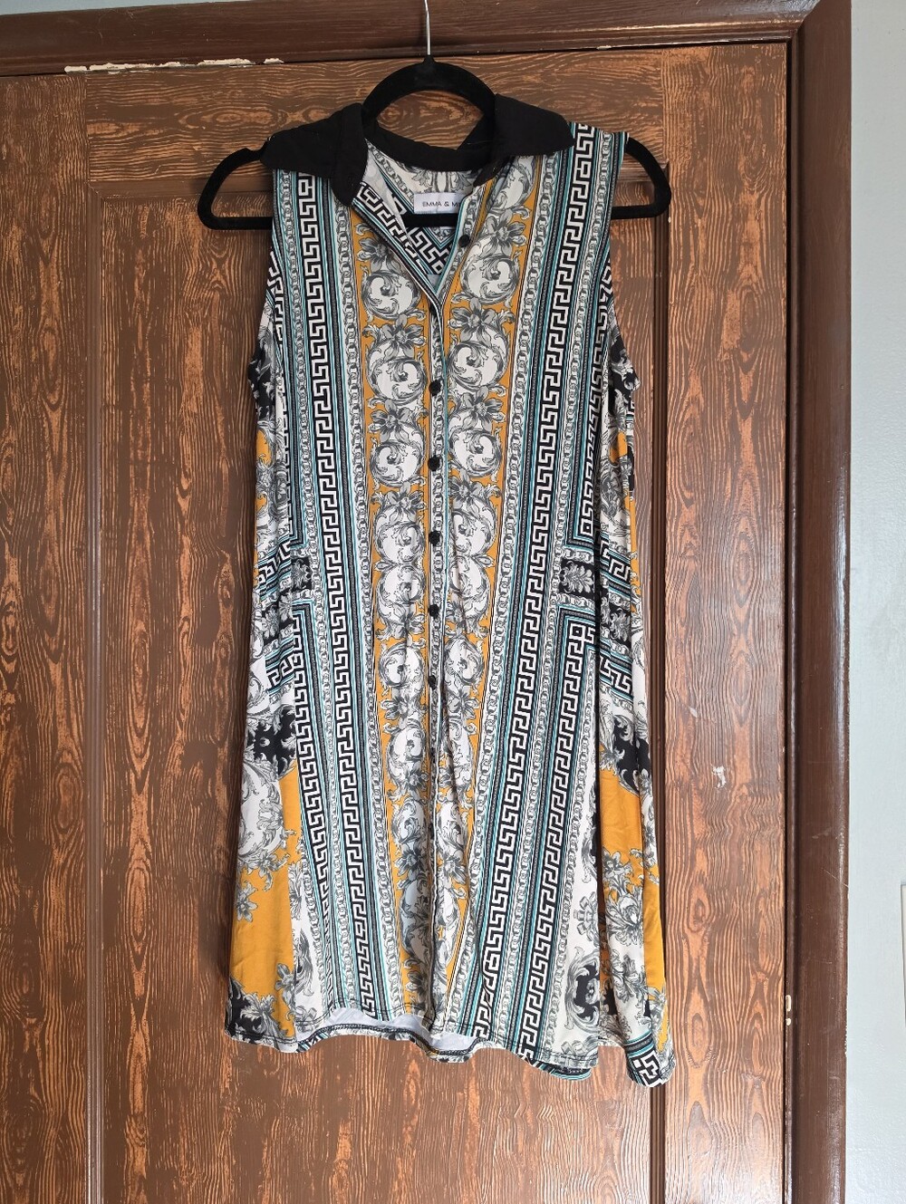Emma & Michele Sleeveless Printed Dress in Black, White & Orange
